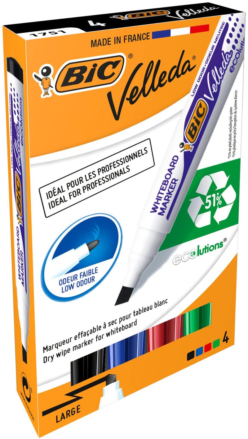 BIC Velleda 1751 ECOlutions rotuladores de Pizarra punta biselada Media – colores Surtidos, Blíster de 4 unidades