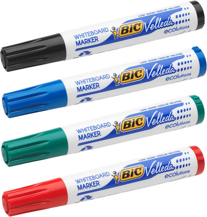 BIC Velleda 1751 ECOlutions rotuladores de Pizarra punta biselada Media – colores Surtidos, Blíster de 4 unidades