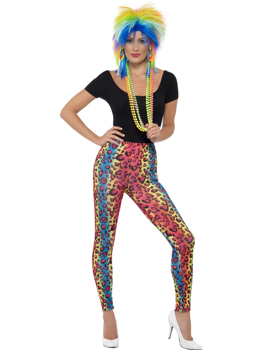 Smiffys Neon Leopard Print Leggings, Multi-Coloured