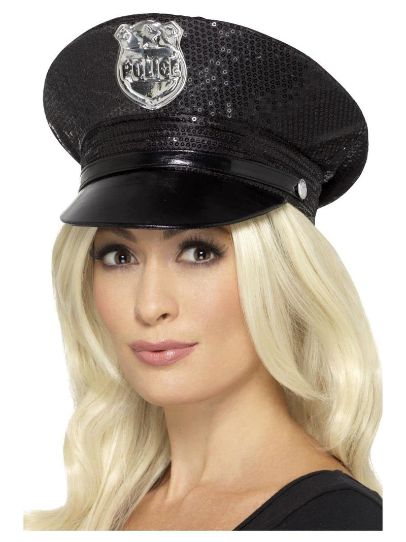 Smiffys Fever Sequin Police Hat, Black