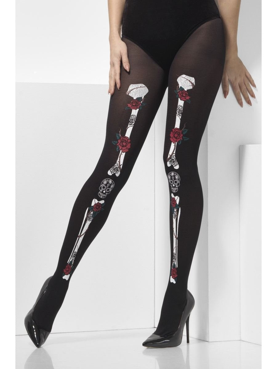 Smiffys Opaque Day of the Dead Tights, Black