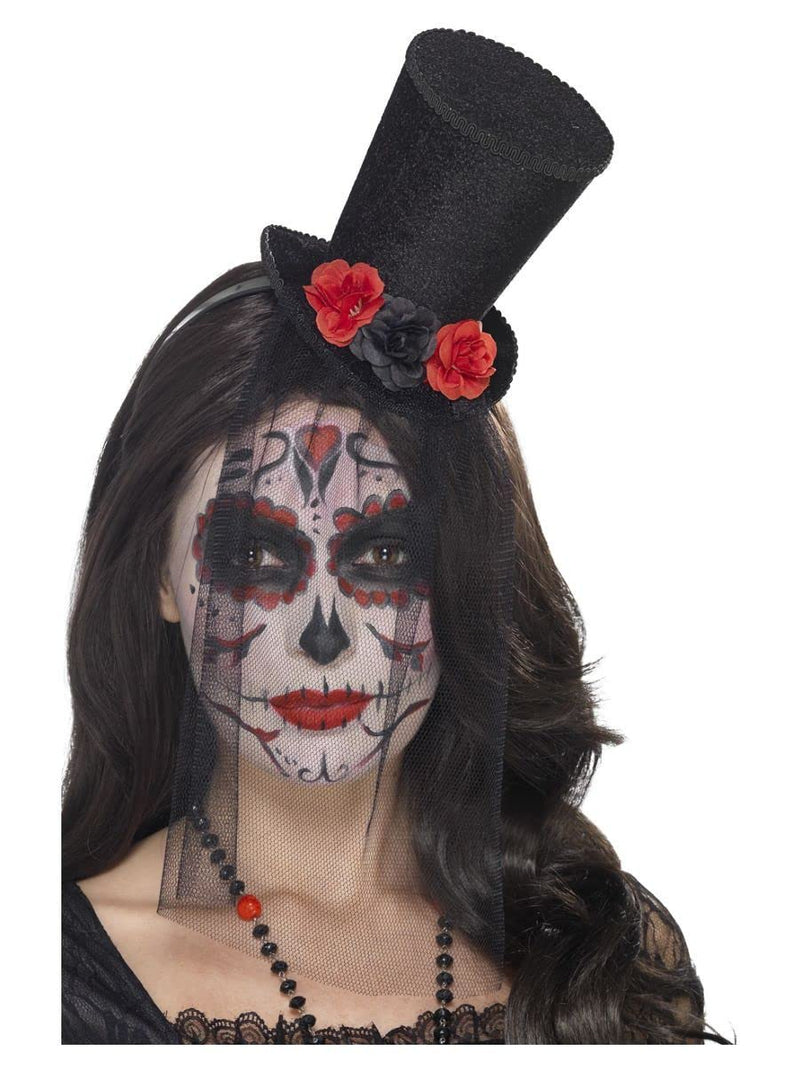 Smiffys Day of the Dead Mini Top Hat, Black
