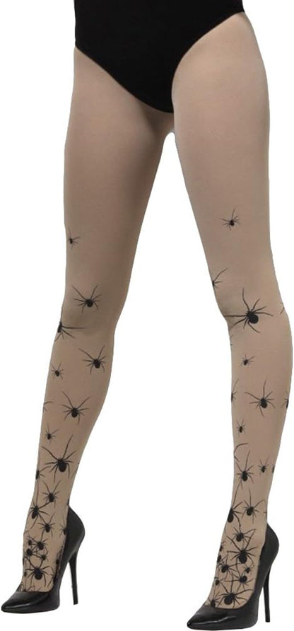 Smiffys Opaque Tights with Spiders, Nude & Black