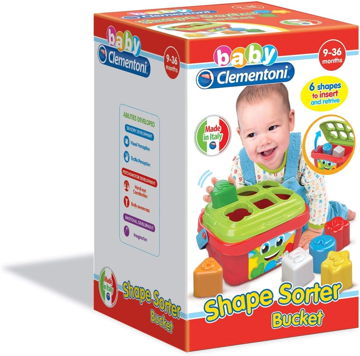 Clementoni- Shape Sorting Bucket: With 6 Shapes & Numbers, Stimulates Hand-Eye Coordination (9+ Months)