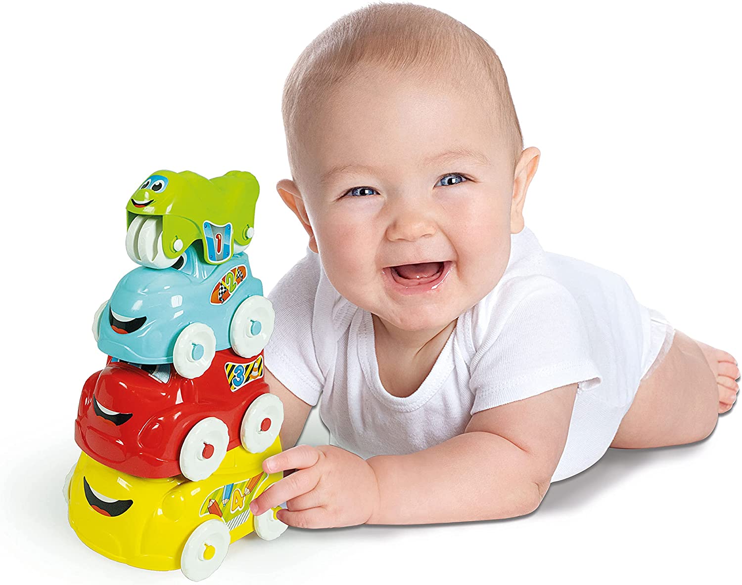 Clementoni- Stacking Vehicle Toy: 4 Piece Playset, Bus, Truck, Car & Motorbike (6+ Months) Vehicles