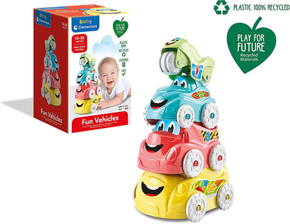 Clementoni- Stacking Vehicle Toy: 4 Piece Playset, Bus, Truck, Car & Motorbike (6+ Months) Vehicles