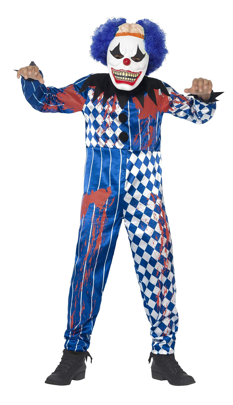 Smiffys Deluxe Sinister Clown Costume, Blue with Jumpsuit, EVA Mask, Attached Brain & Hair, Halloween Child Fancy Dress, Clown Dress Up Costumes