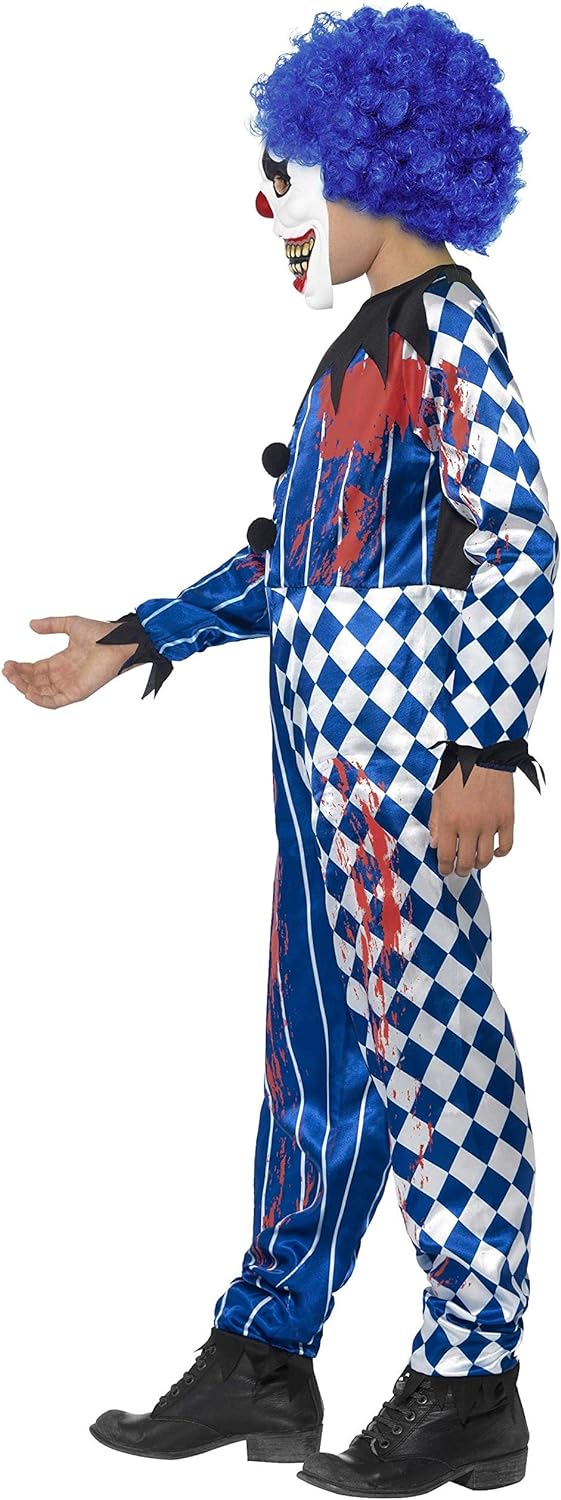 Smiffys Deluxe Sinister Clown Costume, Blue with Jumpsuit, EVA Mask, Attached Brain & Hair, Halloween Child Fancy Dress, Clown Dress Up Costumes