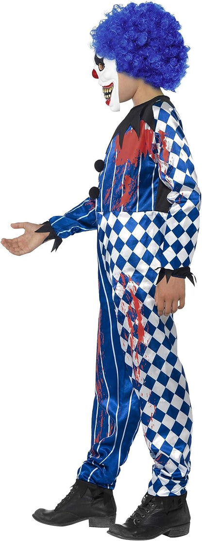 Smiffys Deluxe Sinister Clown Costume, Blue with Jumpsuit, EVA Mask, Attached Brain & Hair, Halloween Child Fancy Dress, Clown Dress Up Costumes