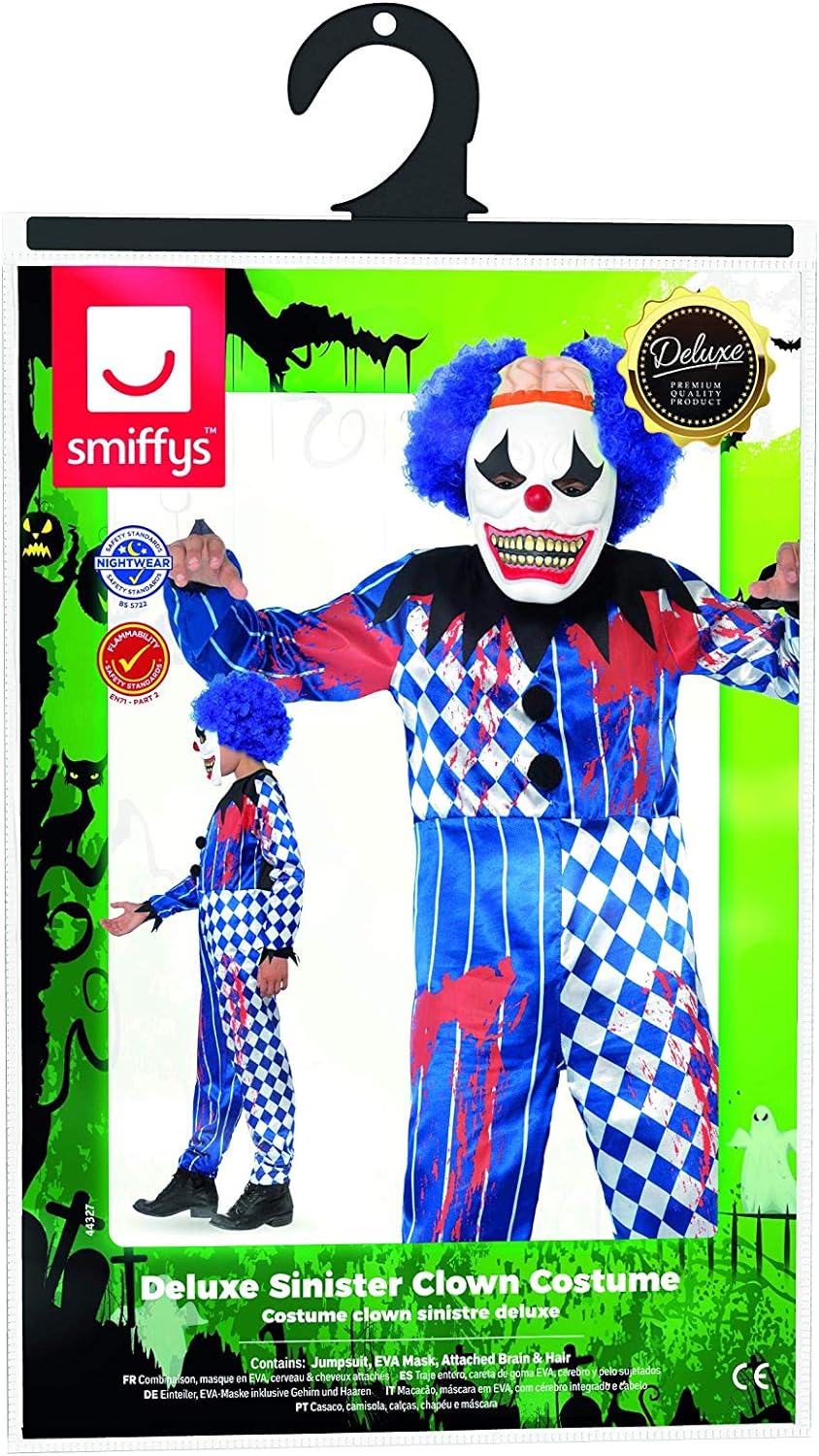 Smiffys Deluxe Sinister Clown Costume, Blue with Jumpsuit, EVA Mask, Attached Brain & Hair, Halloween Child Fancy Dress, Clown Dress Up Costumes