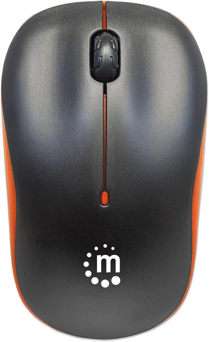 Manhattan Success Wireless Mouse, Black/Orange, 1000dpi, 2.4Ghz (up to 10m), USB, Optical, Three Button with Scroll Wheel, USB micro receiver, AA battery (included), Low friction base, Blister