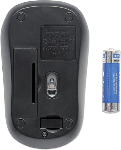 Manhattan Success Wireless Mouse, Black/Orange, 1000dpi, 2.4Ghz (up to 10m), USB, Optical, Three Button with Scroll Wheel, USB micro receiver, AA battery (included), Low friction base, Blister