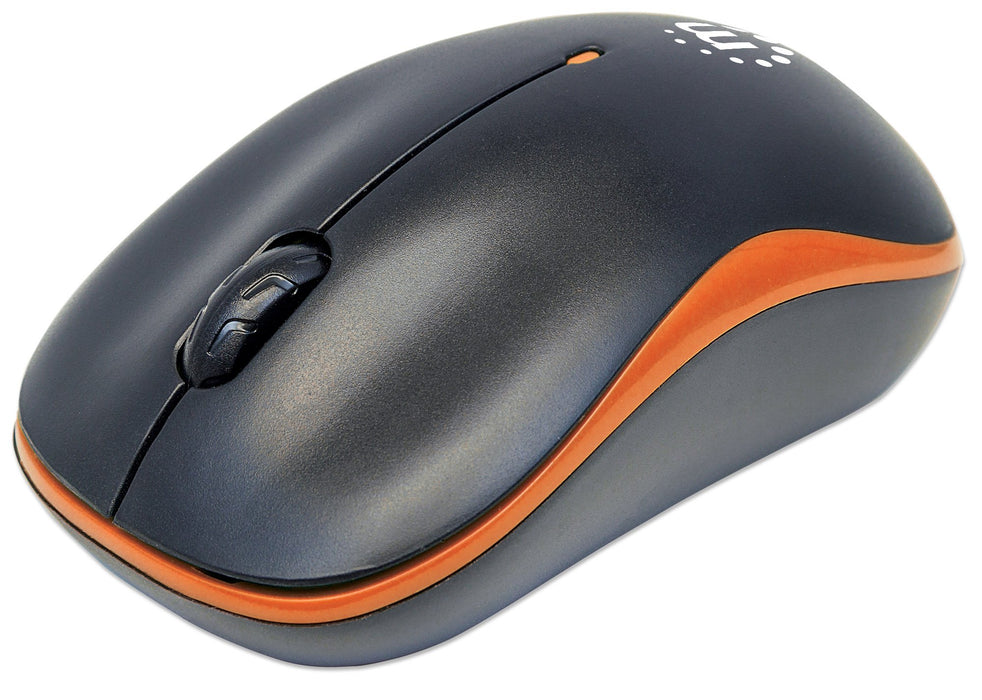 Manhattan Success Wireless Mouse, Black/Orange, 1000dpi, 2.4Ghz (up to 10m), USB, Optical, Three Button with Scroll Wheel, USB micro receiver, AA battery (included), Low friction base, Blister