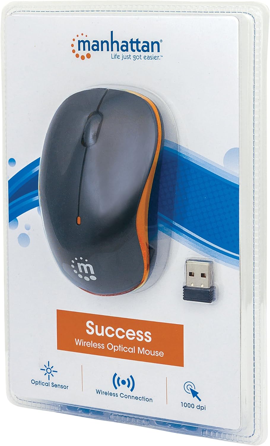 Manhattan Success Wireless Mouse, Black/Orange, 1000dpi, 2.4Ghz (up to 10m), USB, Optical, Three Button with Scroll Wheel, USB micro receiver, AA battery (included), Low friction base, Blister