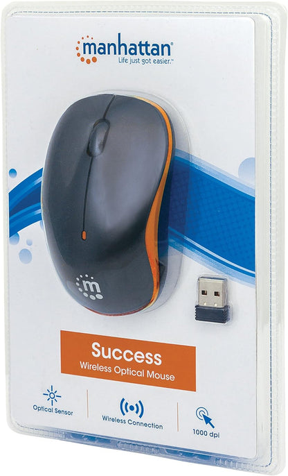 Manhattan Success Wireless Mouse, Black/Orange, 1000dpi, 2.4Ghz (up to 10m), USB, Optical, Three Button with Scroll Wheel, USB micro receiver, AA battery (included), Low friction base, Blister