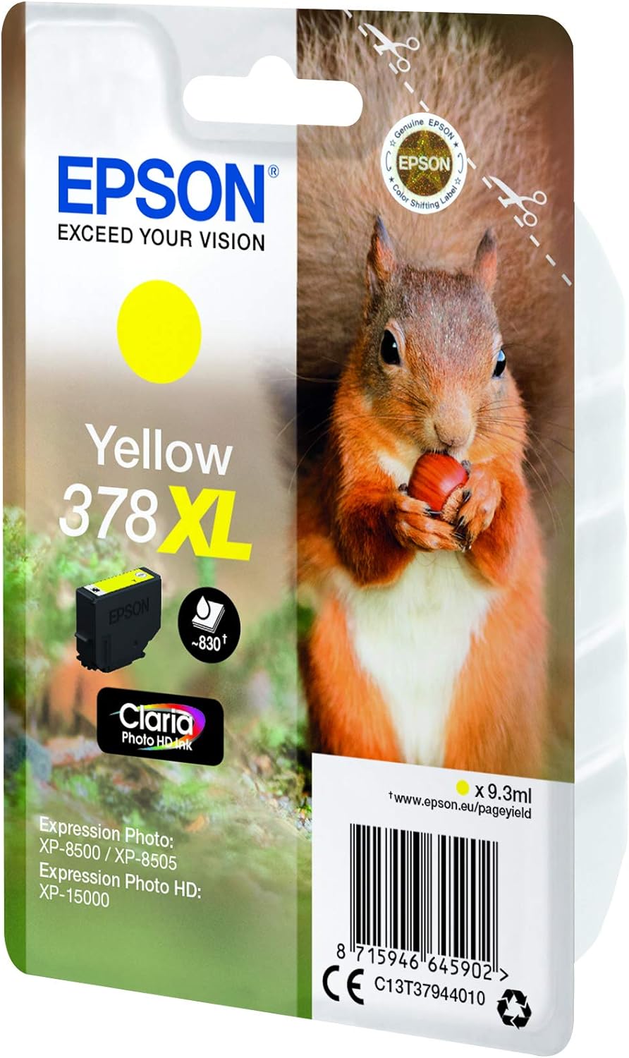 Epson 378XL Yellow Squirrel High Yield Genuine, Claria Photo HD Ink Cartridge