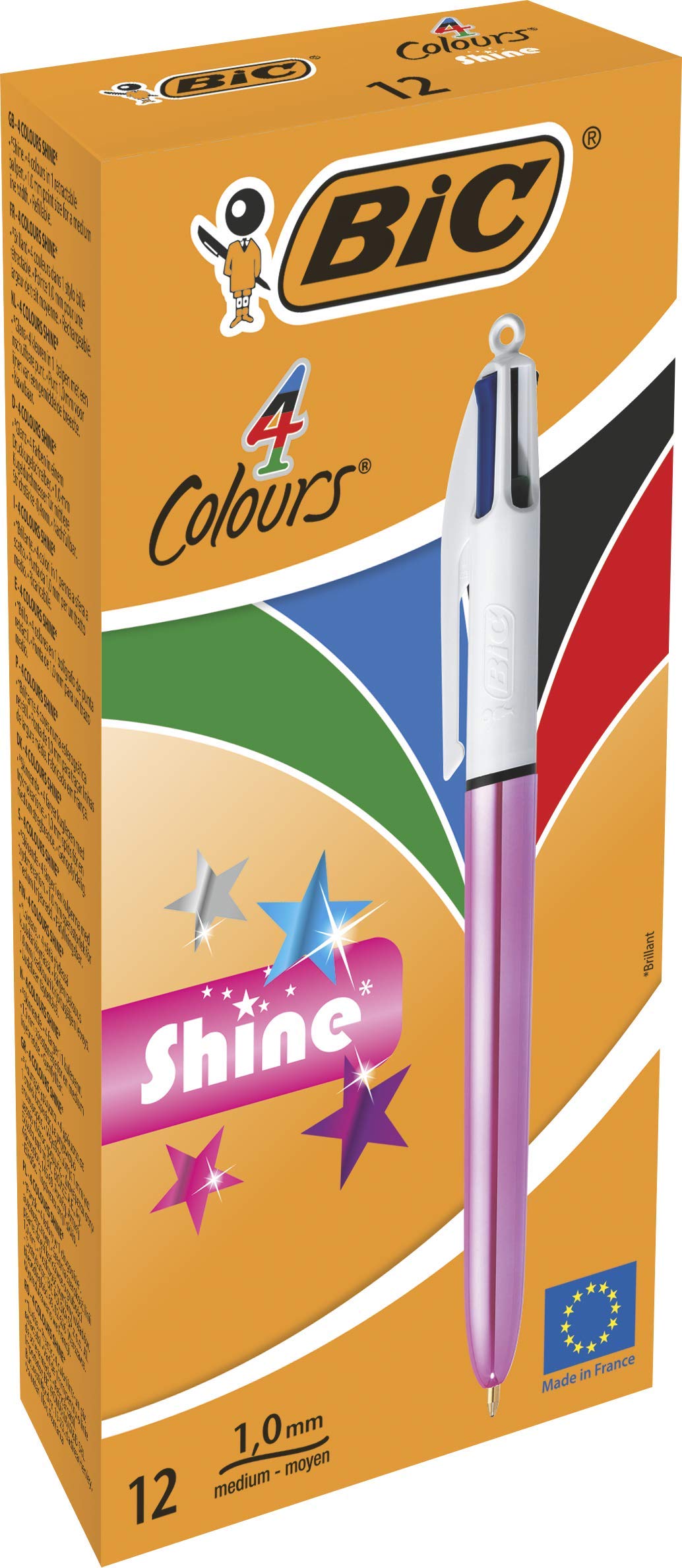 BIC 4 Colours Shine Ballpoint Pens - Box of 12 - Metallic Pink Body with 4 Ink Colours (Blue, Black, Red, Green