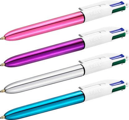 BIC 4 Colours Shine Ballpoint Pens - Box of 12 - Metallic Pink Body with 4 Ink Colours (Blue, Black, Red, Green