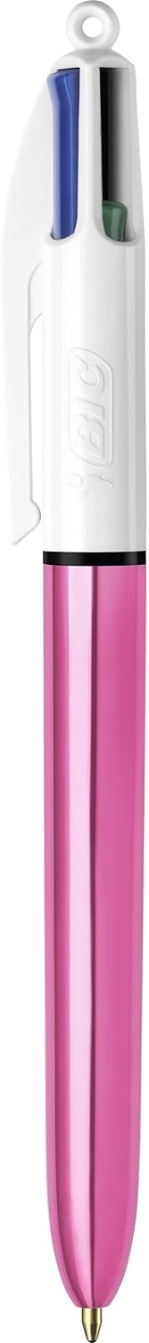 BIC 4 Colours Shine Ballpoint Pens - Box of 12 - Metallic Pink Body with 4 Ink Colours (Blue, Black, Red, Green