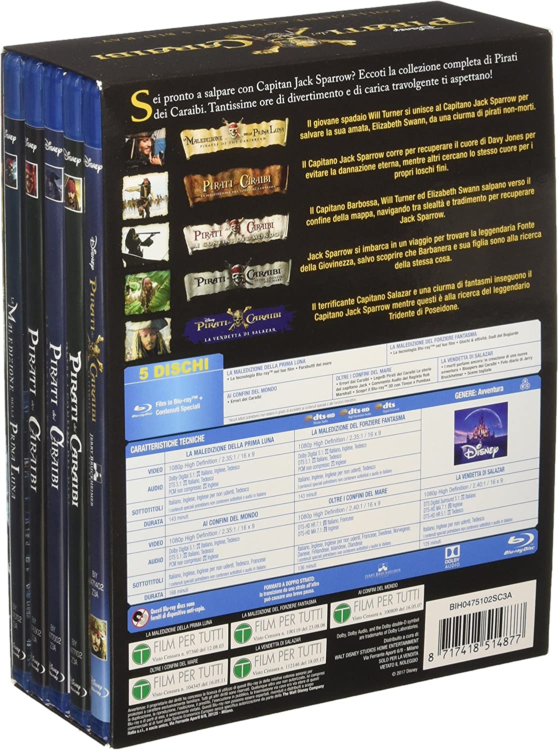 pirati dei caraibi collection 1-5 (5 blu-ray) box set BluRay Italian Import