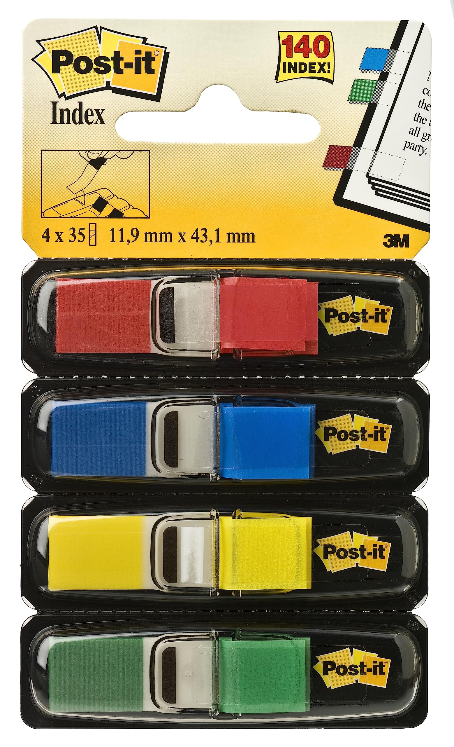 Post-it Index Small Flags, Pack of 4 Dispensers, 35 Flags per Dispenser,11.9 mm x 43.2 mm, Yellow, Red, Green, Blue Colors - To Mark, Highlight or Color Code Important Information