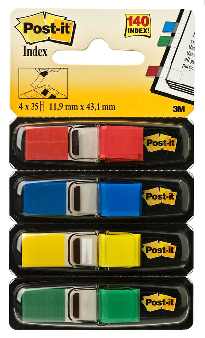Post-it Index Small Flags, Pack of 4 Dispensers, 35 Flags per Dispenser,11.9 mm x 43.2 mm, Yellow, Red, Green, Blue Colors - To Mark, Highlight or Color Code Important Information
