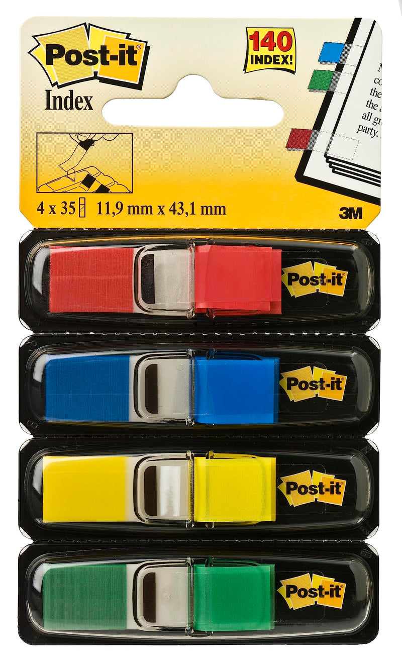 Post-it Index Small Flags, Pack of 4 Dispensers, 35 Flags per Dispenser,11.9 mm x 43.2 mm, Yellow, Red, Green, Blue Colors - To Mark, Highlight or Color Code Important Information
