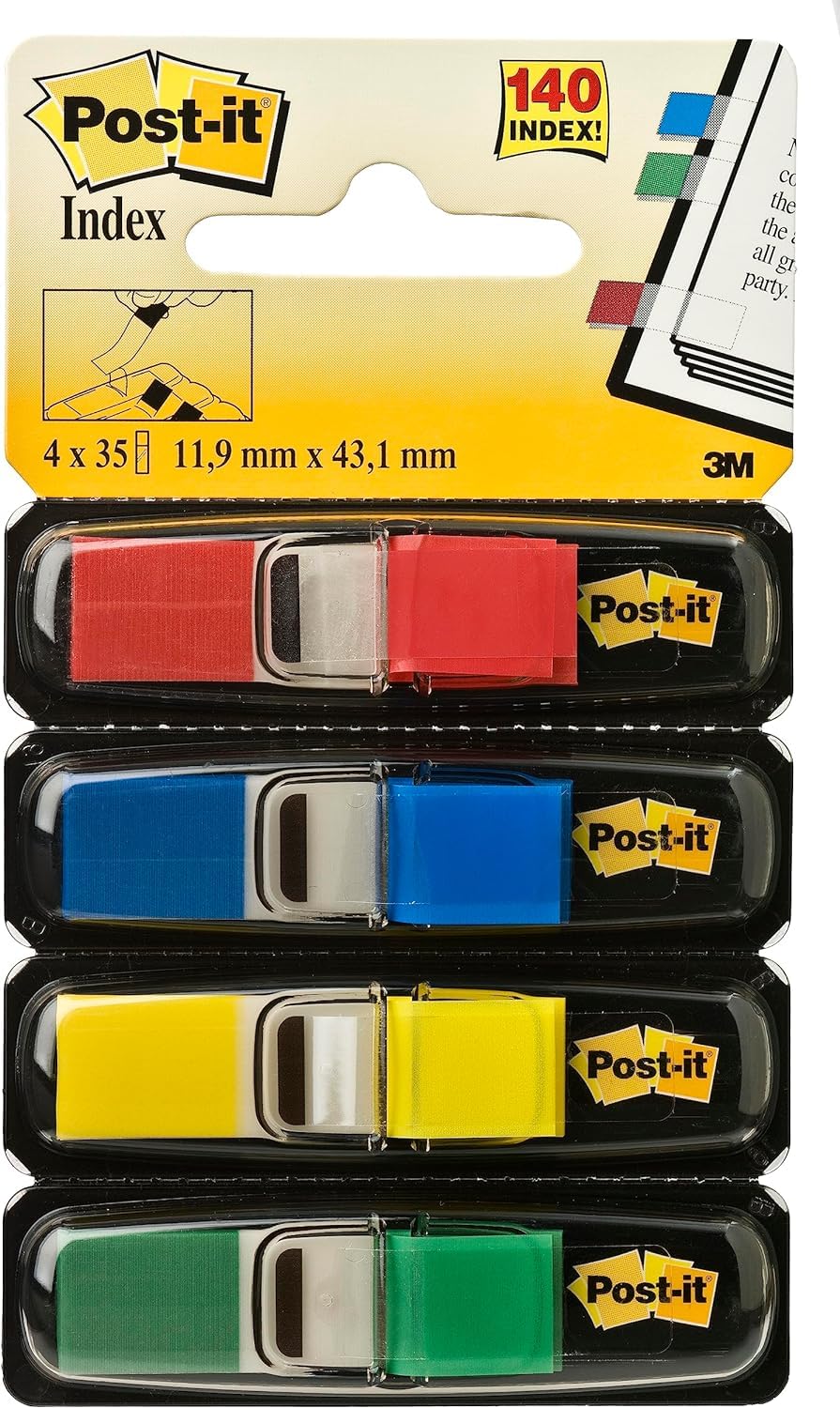 Post-it Index Small Flags, Pack of 4 Dispensers, 35 Flags per Dispenser,11.9 mm x 43.2 mm, Yellow, Red, Green, Blue Colors - To Mark, Highlight or Color Code Important Information