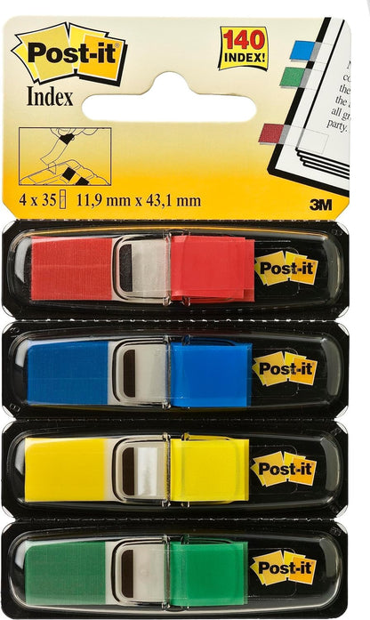Post-it Index Small Flags, Pack of 4 Dispensers, 35 Flags per Dispenser,11.9 mm x 43.2 mm, Yellow, Red, Green, Blue Colors - To Mark, Highlight or Color Code Important Information