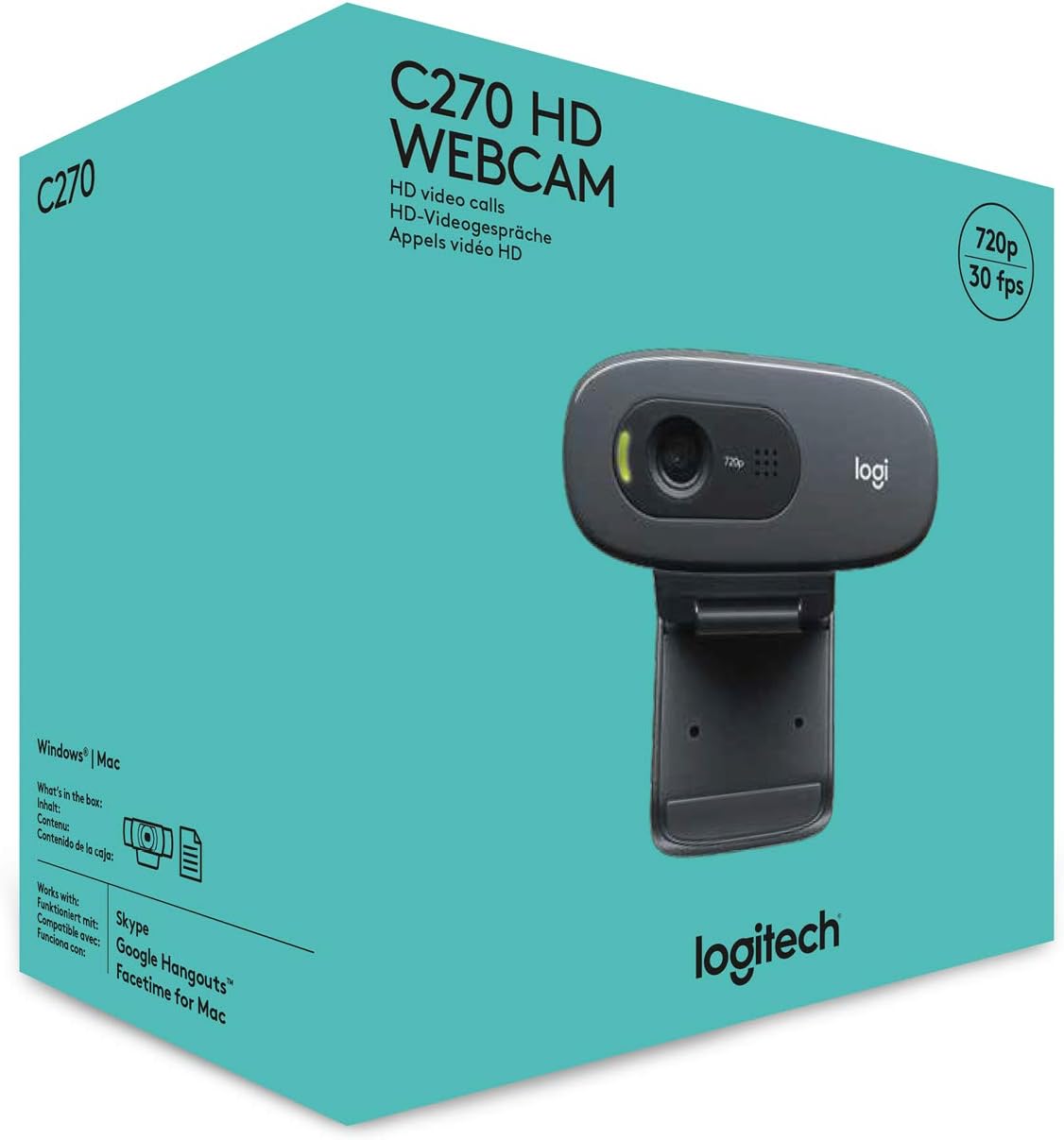 Logitech C270 HD Webcam, HD 720p/30fps, Widescreen HD Video Calling, HD Light Correction, Noise-Reducing Mic, Streaming, For Skype, FaceTime, Hangouts, WebEx, PC/Mac/Laptop/Macbook/Tablet