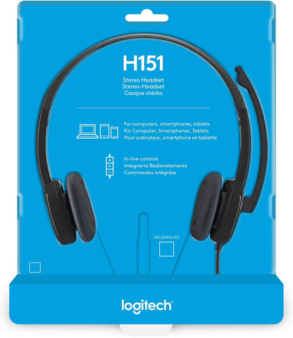 Logitech H151 Wired Headset, Stereo Headphones with Rotating Noise-Cancelling Microphone, 3.5 mm Audio Jack, In-Line Controls, PC/Mac/Laptop/Tablet/Smartphone