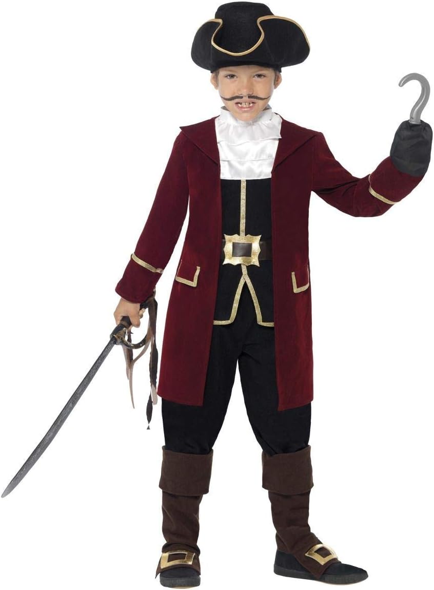 Smiffys Deluxe Pirate Captain Costume, Black Jacket, Mock Waistcoat, Trousers, Neck Scarf & Hat, Pirate Dress Up Costumes