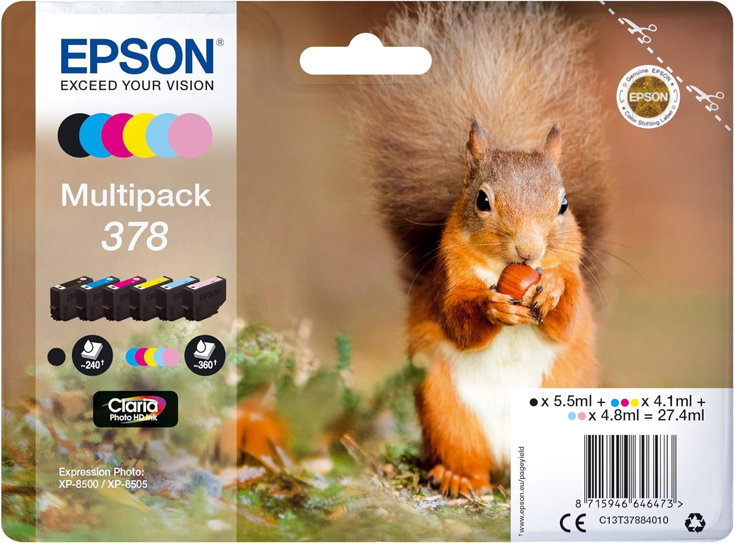 Epson 378 Squirrel Genuine Multipack, 6-colours Ink Cartridges, Claria Photo HD Ink