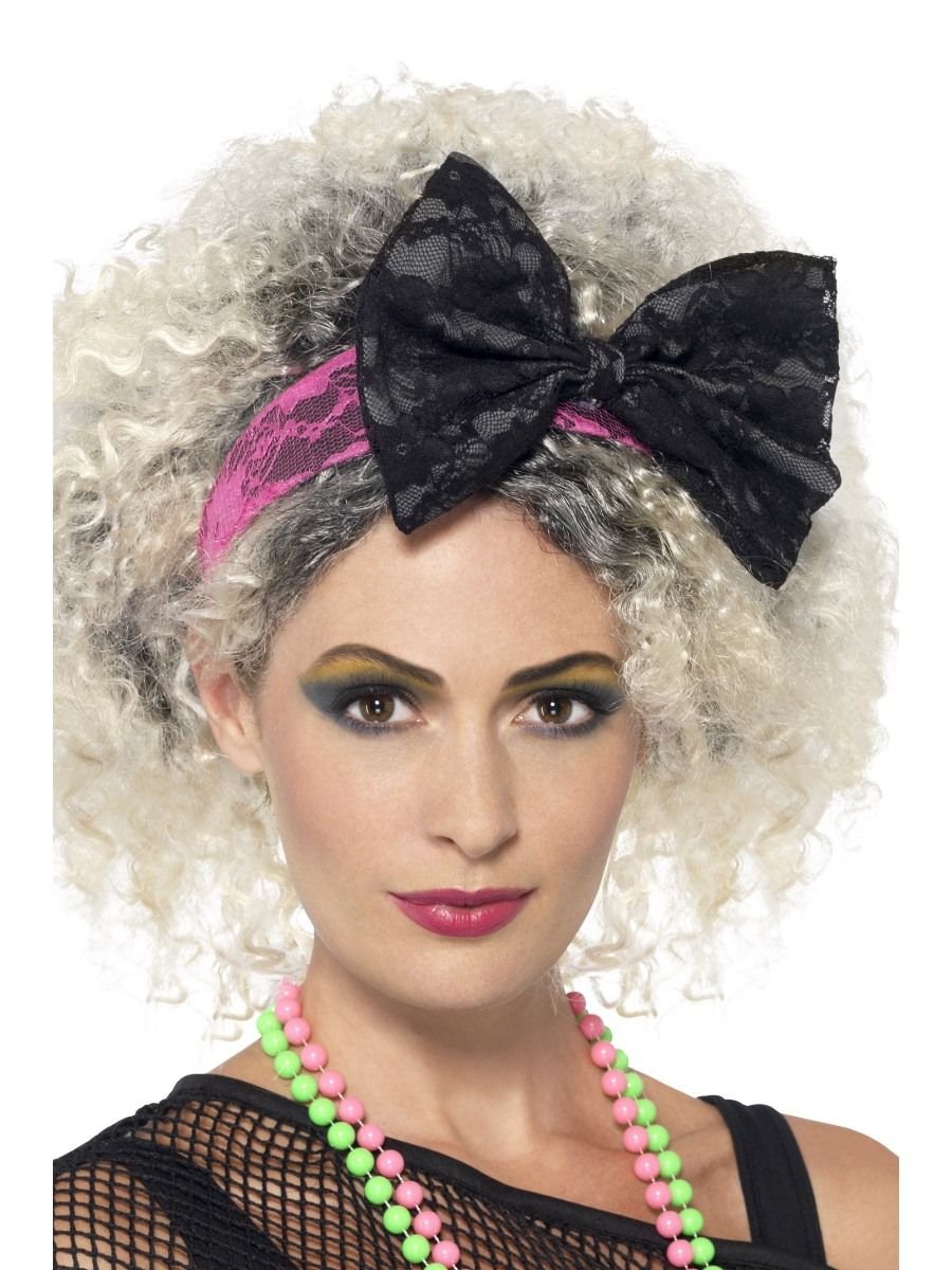Smiffys 80s Lace Headband, Black & Pink