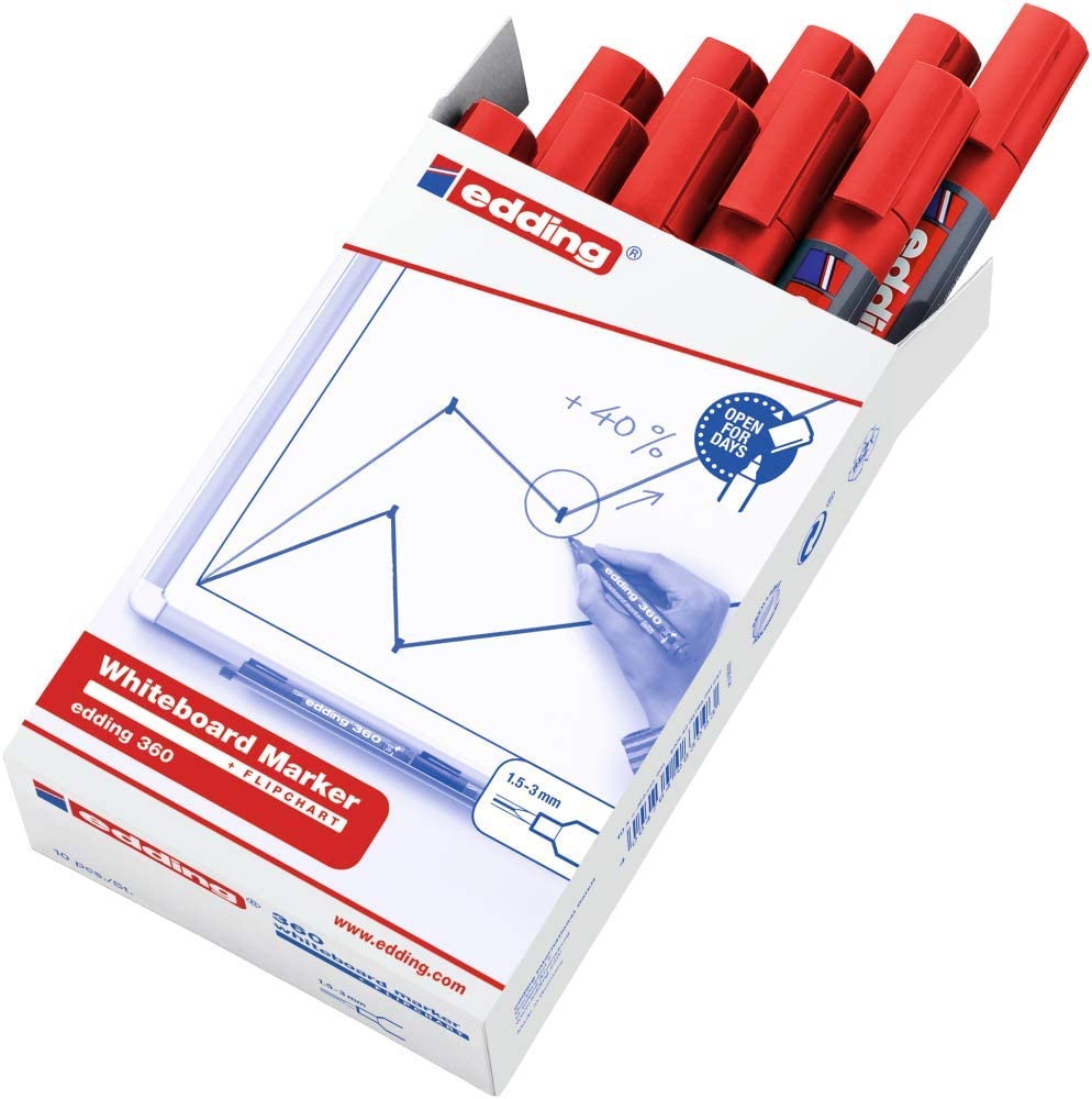 edding 360 whiteboard marker - red - 10 whiteboard pens - round tip 1.5-3 mm - whiteboard pen dry wipe - for whiteboards, flipcharts, pinboards, magnetic and memo boards - sketchnotes - refillable