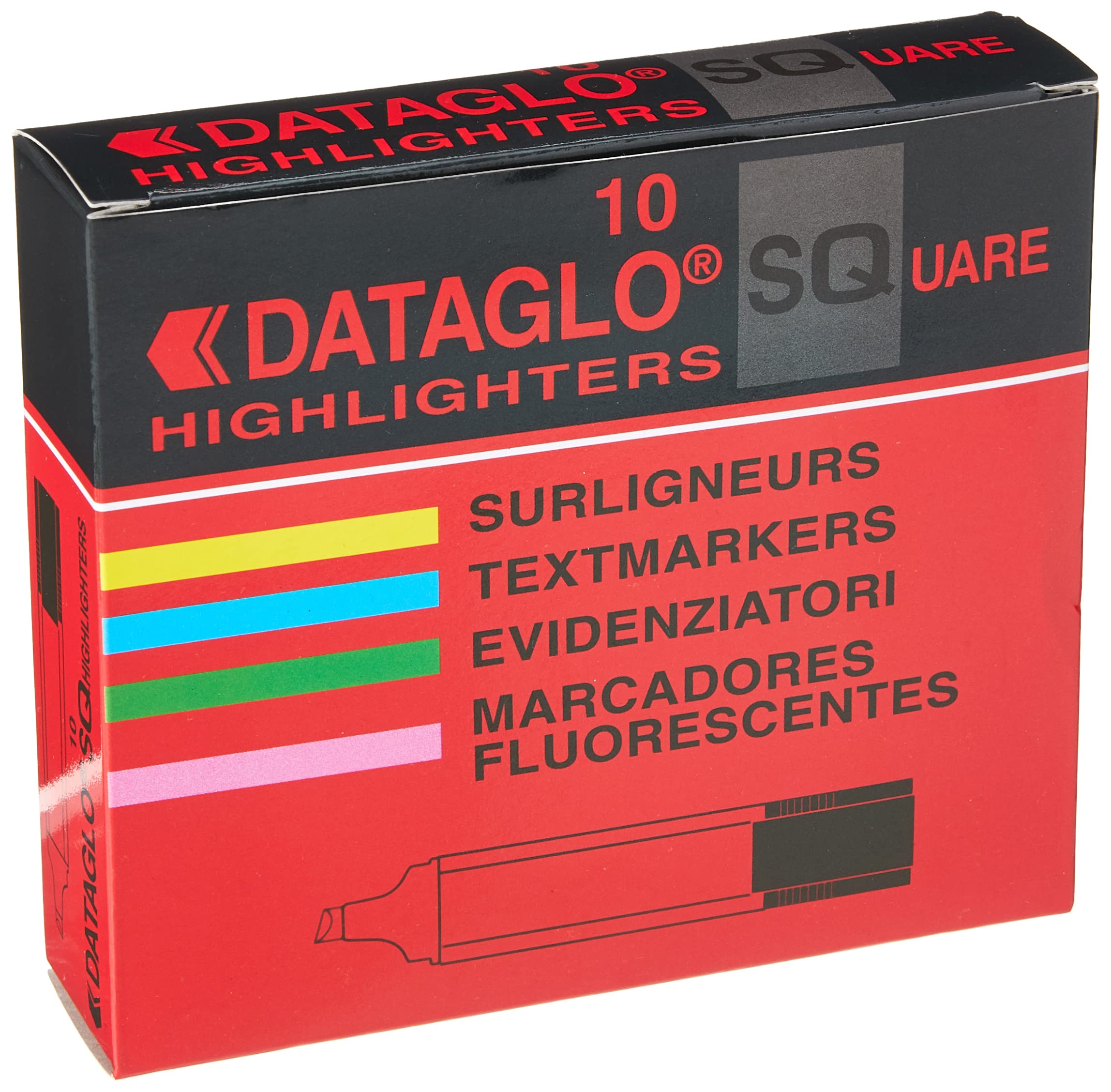 Hainenko 791002 Chisel Tip Dataglo Square Highlighter - Red (Pack of 10