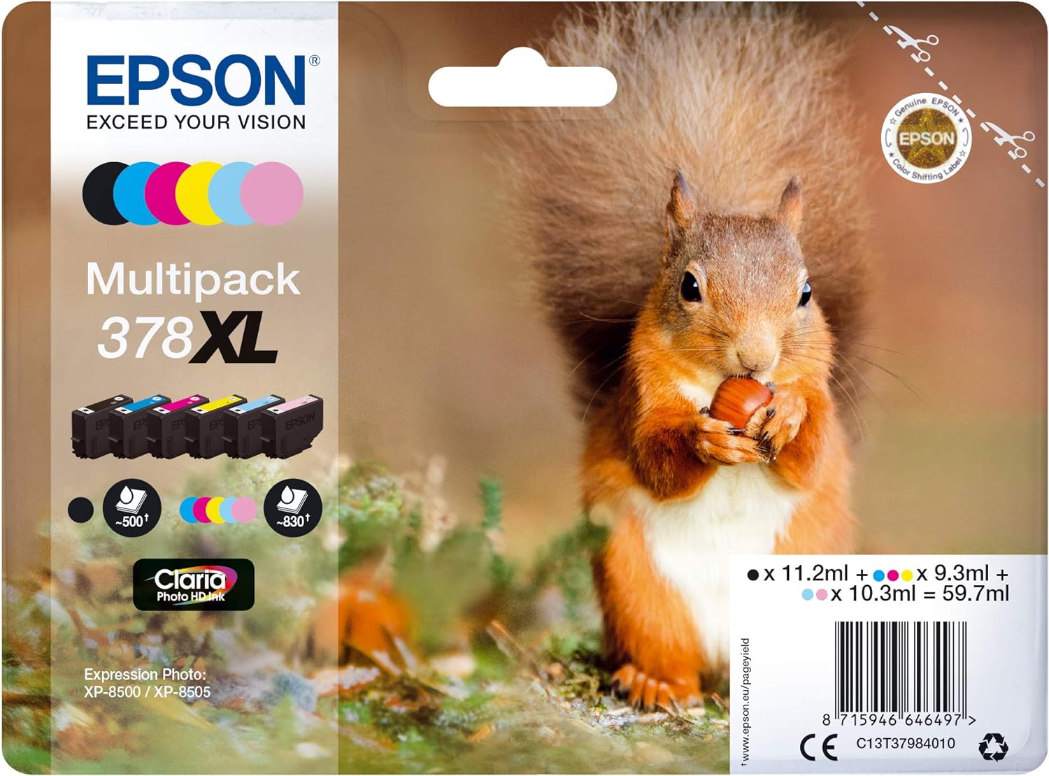 Epson 378XL High Yield Genuine Multipack, 6-colours Ink Cartridges, Claria Photo HD Ink