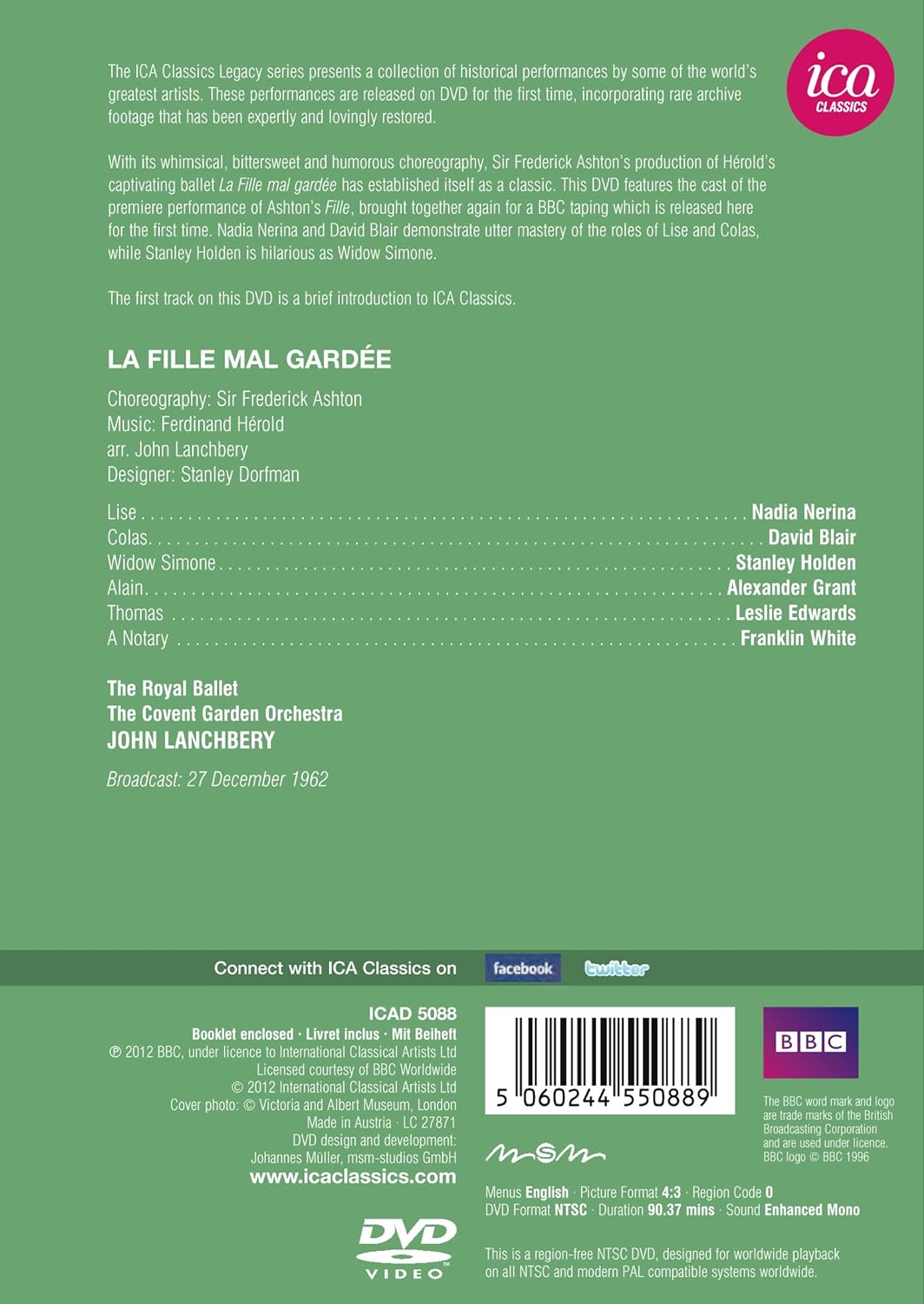 Ashton: La Fille Mal Gardee (Nadia Nerina/ David Blair/ Stanley Holden/ Leslie Edwards/ The Covent Garden Orchestra/ John Lanchberry) (ICA Classics: ICAD 5088)