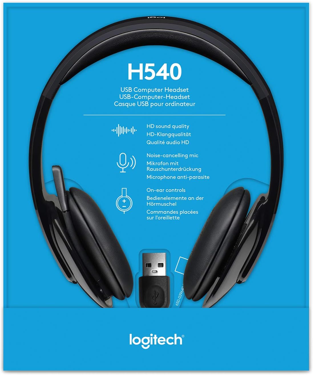 Logitech H540 Kopfhörer mit Mikrofon, Stereo-Headset, Verstellbares Mikrofon mit Rauschunterdrückung, Integrierte Equalizer, Bedienelemente am Ohr, Stummschaltungsanzeige, USB-Anschluss - Schwarz