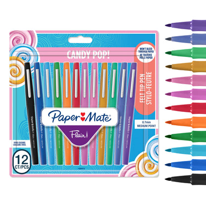 Paper Mate Flair Felt Tip Pens, Medium Point (0.7mm), Assorted Candy POP Colours, 12 Count
