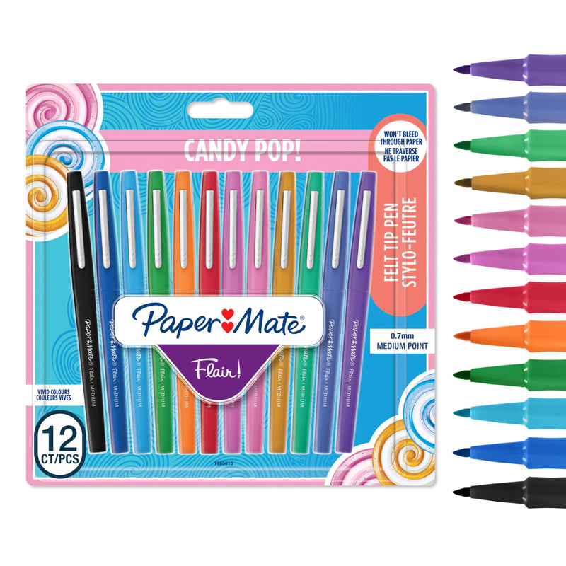 Paper Mate Flair Felt Tip Pens, Medium Point (0.7mm), Assorted Candy POP Colours, 12 Count