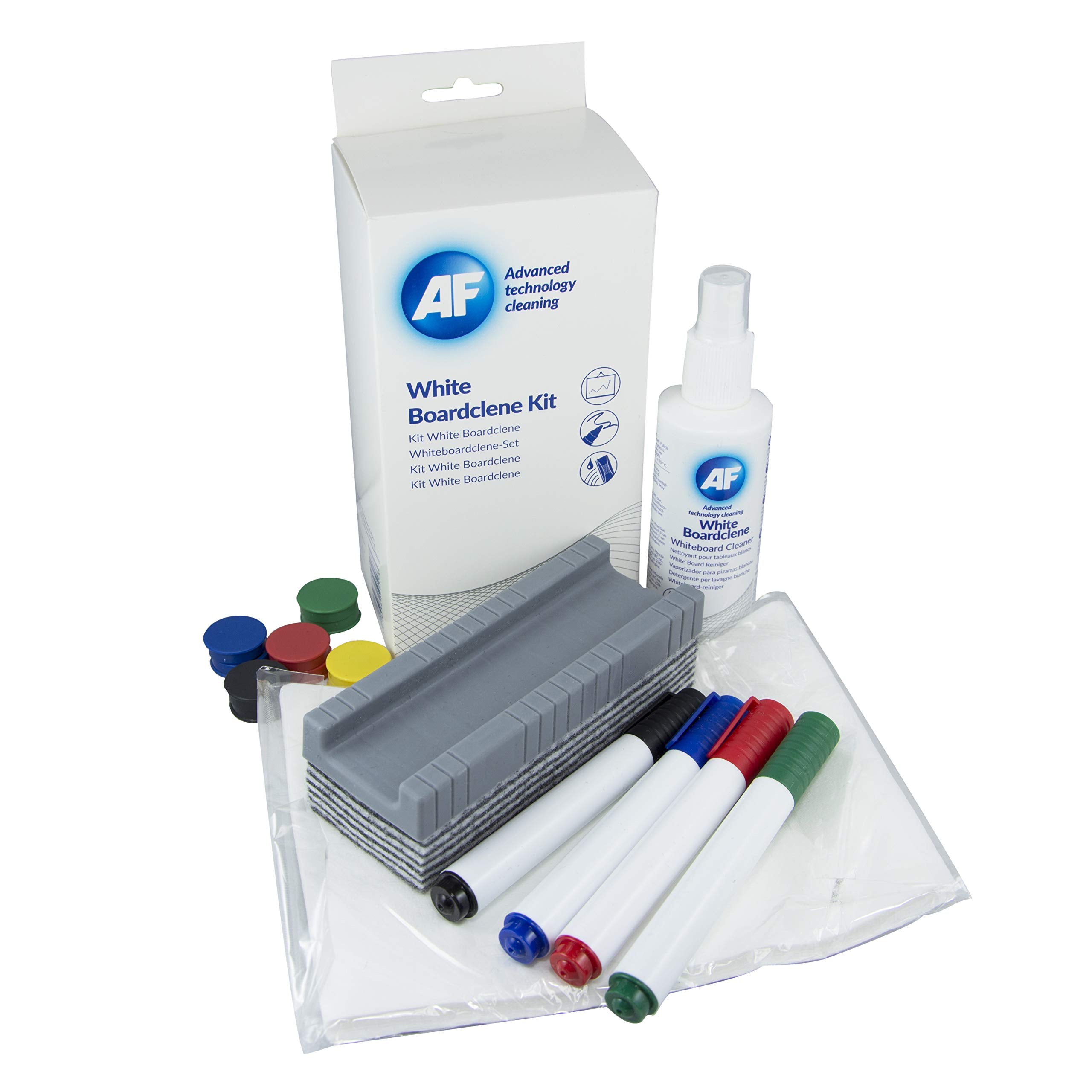 AF Complete Whiteboard Cleaning Kit - 125ml White board Cleaning Spray Solution, Magnets, Peelable Eraser, Pens and Absorbent Cloths, Ideal starter kit for all home office, classroom labs etc (WBK000