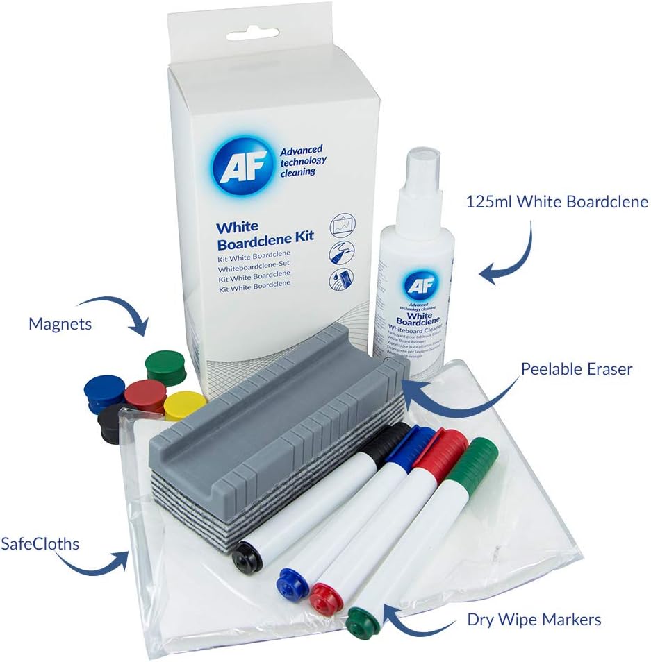 AF Complete Whiteboard Cleaning Kit - 125ml White board Cleaning Spray Solution, Magnets, Peelable Eraser, Pens and Absorbent Cloths, Ideal starter kit for all home office, classroom labs etc (WBK000