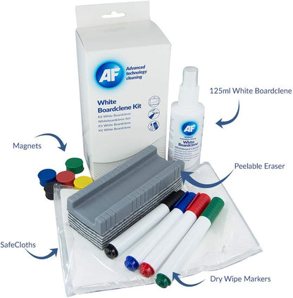 AF Complete Whiteboard Cleaning Kit - 125ml White board Cleaning Spray Solution, Magnets, Peelable Eraser, Pens and Absorbent Cloths, Ideal starter kit for all home office, classroom labs etc (WBK000