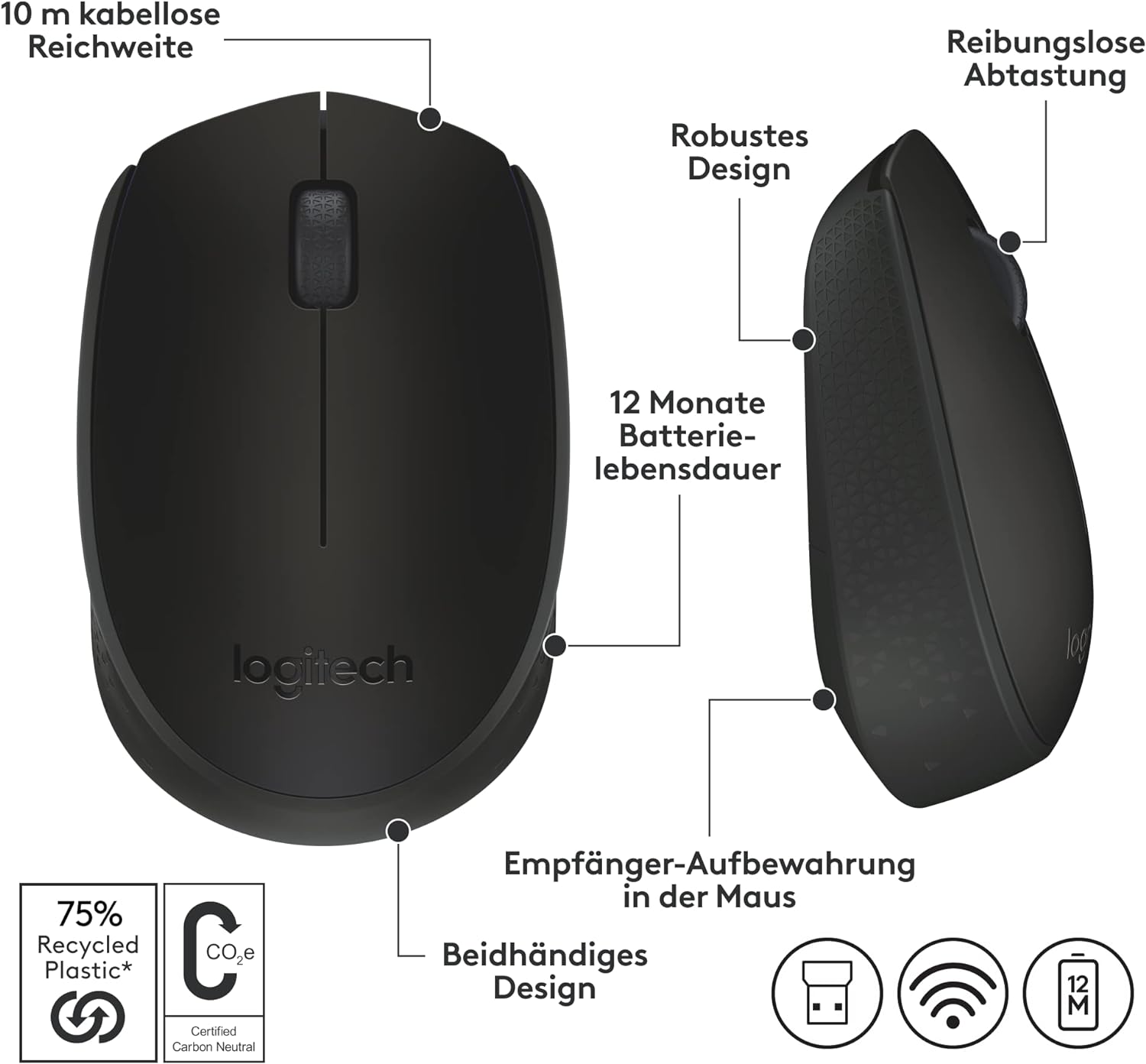 Logitech M171 Wireless Mouse for PC, Mac, Laptop, 2.4 GHz with USB Mini Receiver, Optical Tracking, 12-Months Battery Life, Ambidextrous