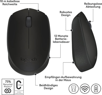 Logitech M171 Wireless Mouse for PC, Mac, Laptop, 2.4 GHz with USB Mini Receiver, Optical Tracking, 12-Months Battery Life, Ambidextrous