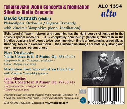 Tchaikovsky and Sibelius Violin Concertos; Tchaikovsky 'Meditation' from 'Souvenir d'un Lieu Cher'