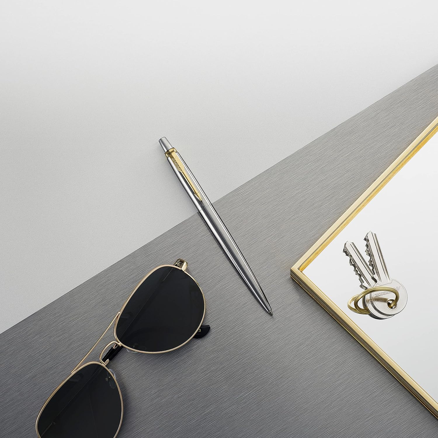 Parker Jotter Ballpoint Pen | Stainless Steel with Golden Trim | Medium Point Blue Ink