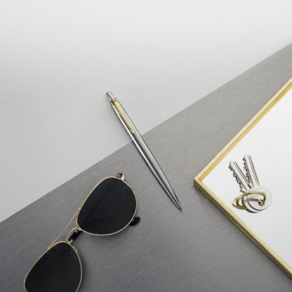 Parker Jotter Ballpoint Pen | Stainless Steel with Golden Trim | Medium Point Blue Ink