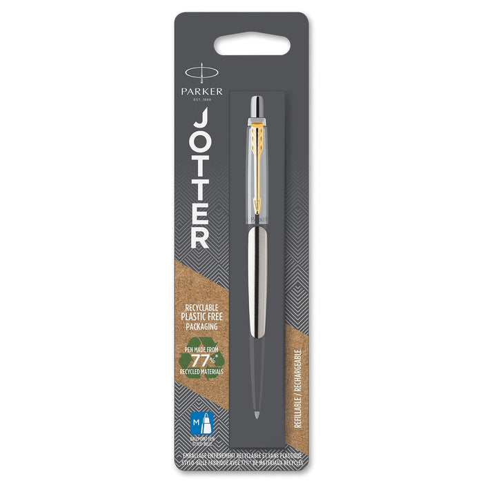 Parker Jotter Ballpoint Pen | Stainless Steel with Golden Trim | Medium Point Blue Ink